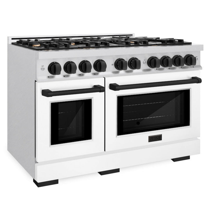 ZLINE 48 in. Double Oven Gas Range 6.7 cu. ft. 8 Burner Cooktop Satin Stainless Steel White Matte Doors Matte Black Accents (HGRSZ-WM-48-MB)