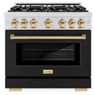 ZLINE 36 in. Select Dual Fuel Range 5.2 cu. ft. – 6 Burner Gas Cooktop, Electric Convection Oven, Satin Stainless Steel with Black Matte Door & Polished Gold Accents (HDRSZ-BLM-36-G)
