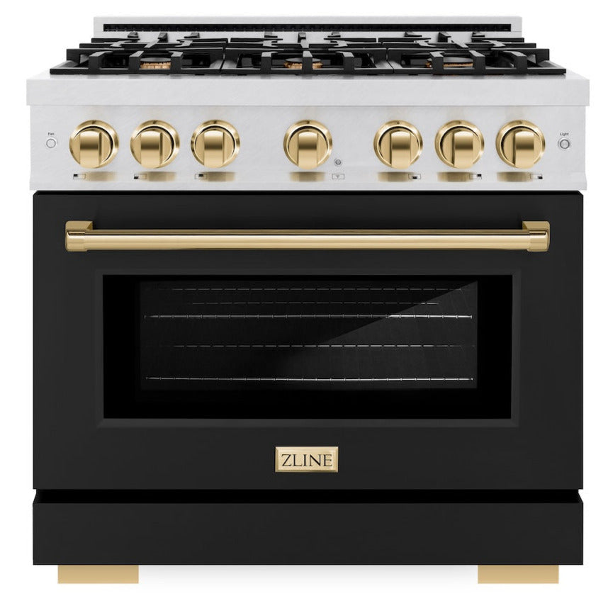 ZLINE 36 in. Select Dual Fuel Range 5.2 cu. ft. – 6 Burner Gas Cooktop, Electric Convection Oven, Satin Stainless Steel with Black Matte Door & Polished Gold Accents (HDRSZ-BLM-36-G)
