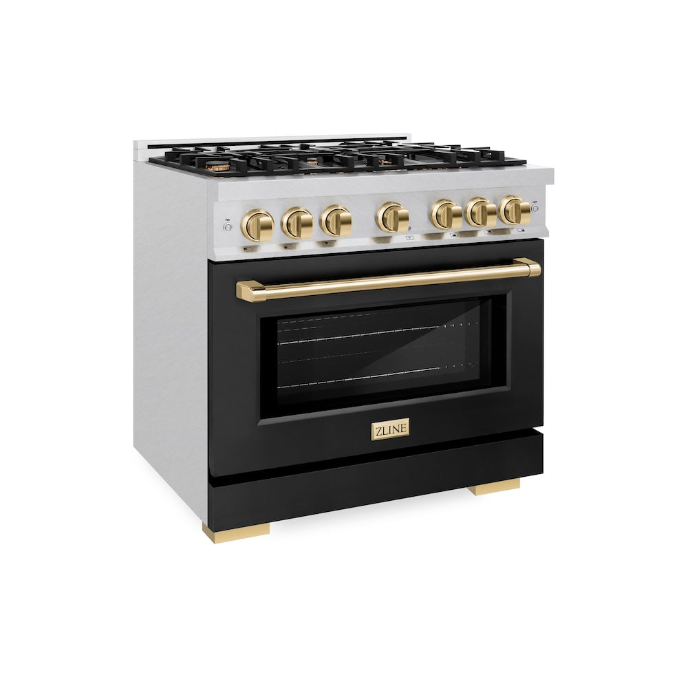 ZLINE 36 in. Select Dual Fuel Range 5.2 cu. ft. – 6 Burner Gas Cooktop, Electric Convection Oven, Satin Stainless Steel with Black Matte Door & Polished Gold Accents (HDRSZ-BLM-36-G)