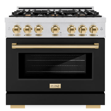 ZLINE 36 in. Gas Range 5.2 cu. ft. 6 Burner Cooktop Convection Gas Oven Satin Stainless Steel Black Matte Door Polished Gold Accents (HGRSZ-BLM-36-G)
