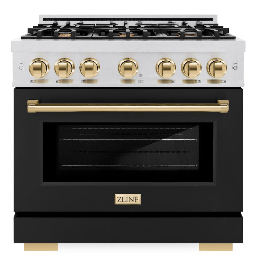 ZLINE 36 in. Gas Range 5.2 cu. ft. 6 Burner Cooktop Convection Gas Oven Satin Stainless Steel Black Matte Door Polished Gold Accents (HGRSZ-BLM-36-G)