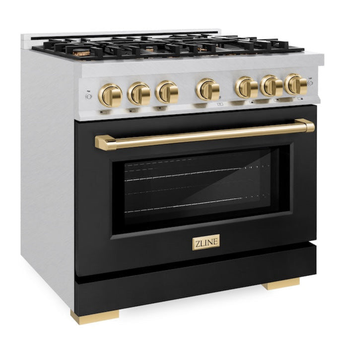 ZLINE 36 in. Gas Range 5.2 cu. ft. 6 Burner Cooktop Convection Gas Oven Satin Stainless Steel Black Matte Door Polished Gold Accents (HGRSZ-BLM-36-G)