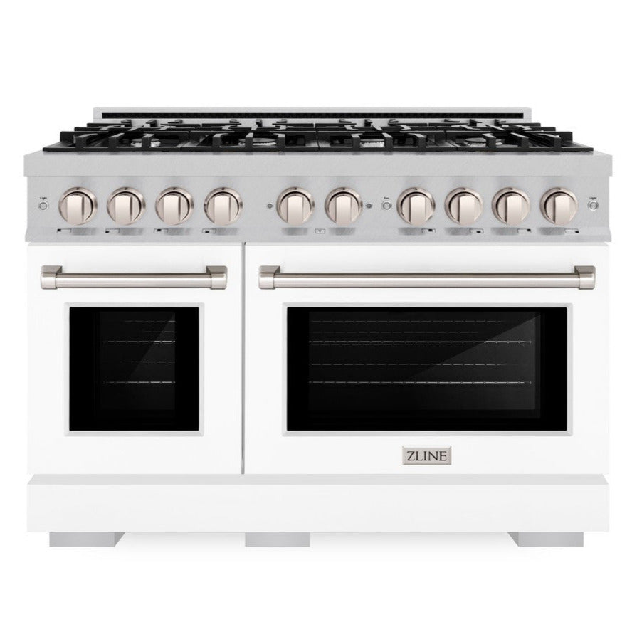ZLINE 48 in. Gas Range Double Oven 6.7 cu. ft. 8 Burner Cooktop Satin Stainless Steel with White Matte Doors (HGRS-WM-48)