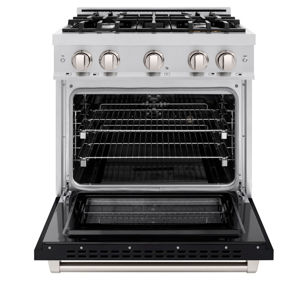 ZLINE 30 in. Select Dual Fuel Range, 4.2 cu. ft., 4 Gas Burners, Electric Convection Oven, Stainless Steel with Black Matte Door (HDR-BLM-30)