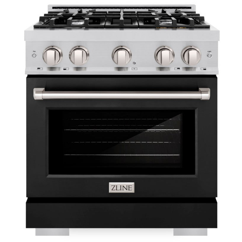 ZLINE 30 in. Select Dual Fuel Range, 4.2 cu. ft., 4 Gas Burners, Electric Convection Oven, Stainless Steel with Black Matte Door (HDR-BLM-30)