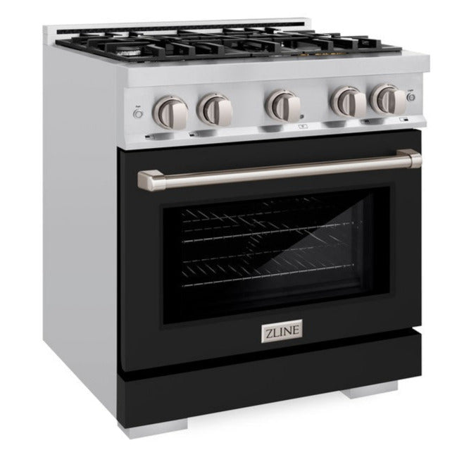 ZLINE 30 in. Select Dual Fuel Range, 4.2 cu. ft., 4 Gas Burners, Electric Convection Oven, Stainless Steel with Black Matte Door (HDR-BLM-30)