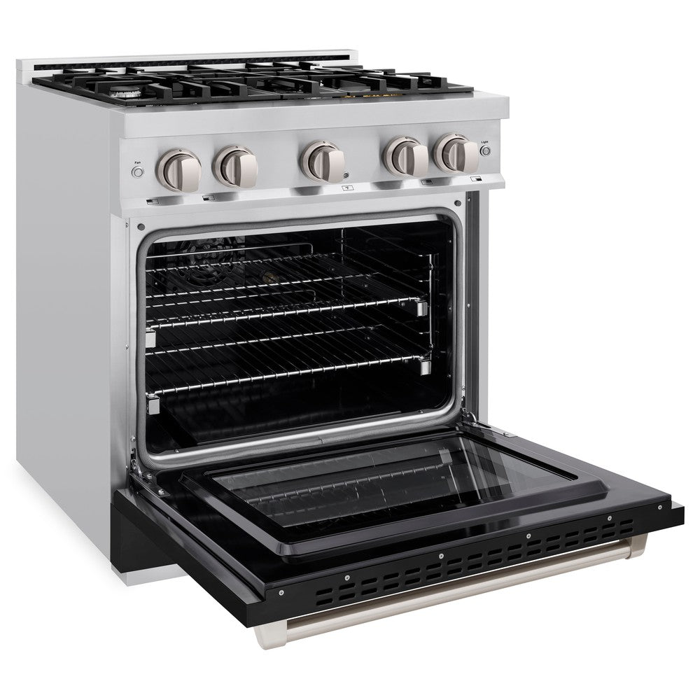 ZLINE 30 in. Select Dual Fuel Range, 4.2 cu. ft., 4 Gas Burners, Electric Convection Oven, Stainless Steel with Black Matte Door (HDR-BLM-30)