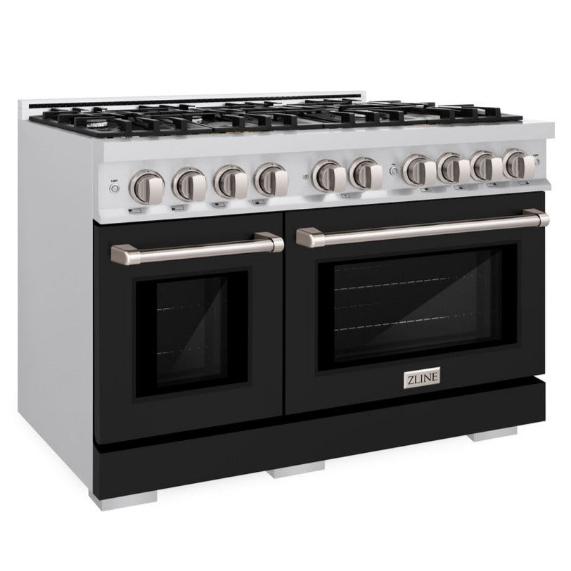 ZLINE 48-Inch Select Double Oven Gas Range with 8 Burners, 6.7 cu. ft., Stainless Steel with Black Matte Doors (HGR-BLM-48)