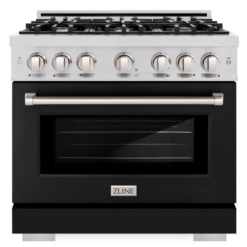 ZLINE 36 in. Dual Fuel Range 5.2 cu. ft. 6 Burner Gas Cooktop Electric Convection Oven Black Matte Door Stainless Steel, MODEL HDR-BLM-36