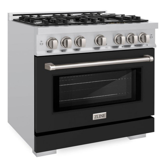 ZLINE 36 in. Dual Fuel Range 5.2 cu. ft. 6 Burner Gas Cooktop Electric Convection Oven Black Matte Door Stainless Steel, MODEL HDR-BLM-36