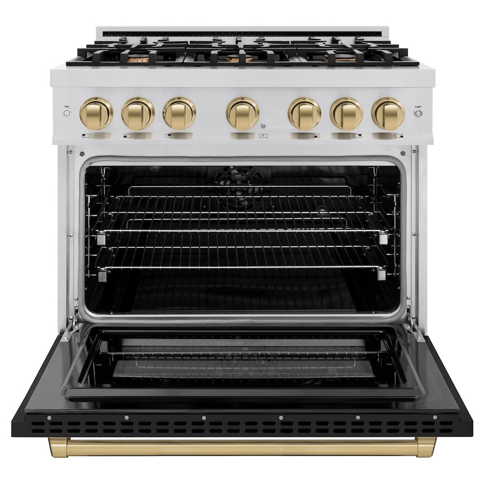 ZLINE 36 in. Select Series Dual Fuel Range – 5.2 cu. ft. Capacity, 6 Burner Gas Cooktop, Electric Convection Oven, Stainless Steel with Black Matte Door & Champagne Bronze Accents (HDRZ-BLM-36-CB)