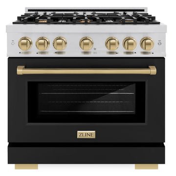 ZLINE 36 in. Select Series Dual Fuel Range – 5.2 cu. ft. Capacity, 6 Burner Gas Cooktop, Electric Convection Oven, Stainless Steel with Black Matte Door & Champagne Bronze Accents (HDRZ-BLM-36-CB)