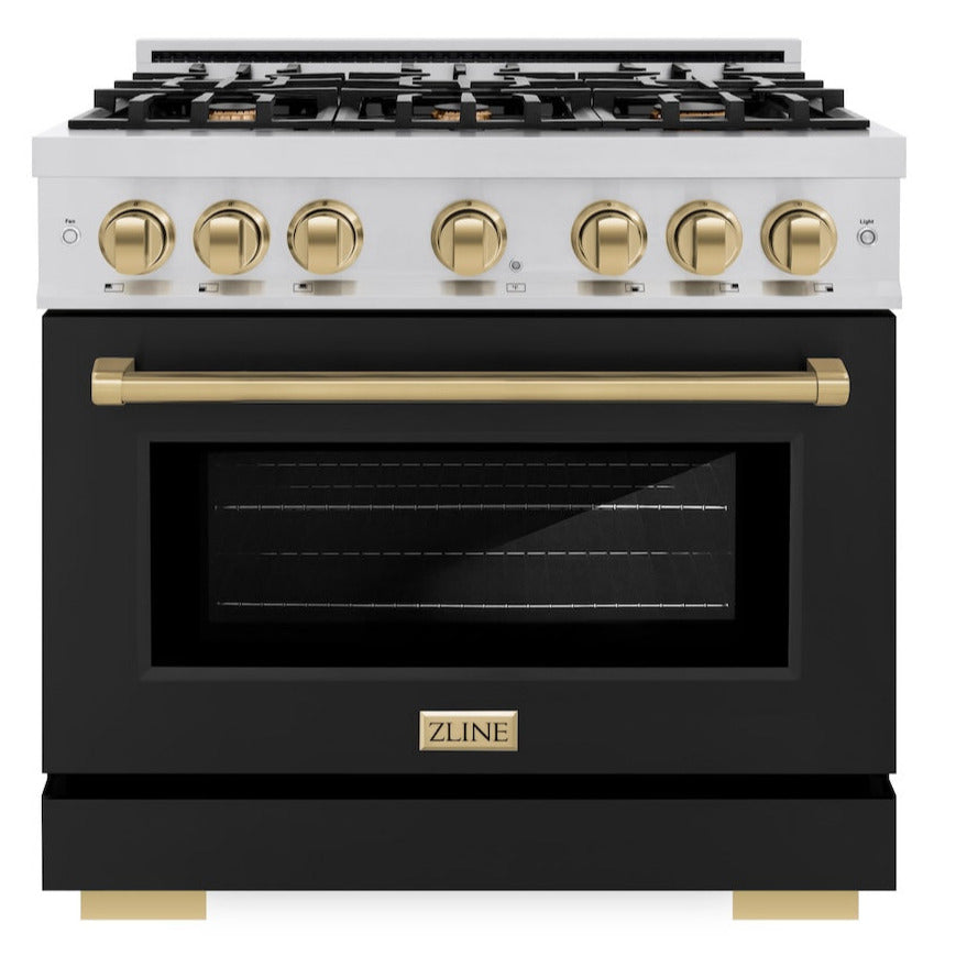 ZLINE 36 in. Select Series Dual Fuel Range – 5.2 cu. ft. Capacity, 6 Burner Gas Cooktop, Electric Convection Oven, Stainless Steel with Black Matte Door & Champagne Bronze Accents (HDRZ-BLM-36-CB)