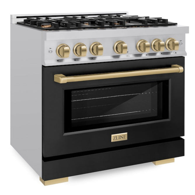 ZLINE 36 in. Select Series Dual Fuel Range – 5.2 cu. ft. Capacity, 6 Burner Gas Cooktop, Electric Convection Oven, Stainless Steel with Black Matte Door & Champagne Bronze Accents (HDRZ-BLM-36-CB)