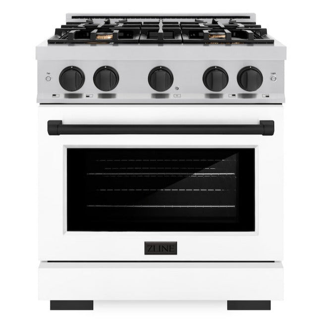 ZLINE 30 in. Select Dual Fuel Range 4.2 cu. ft. Gas Cooktop with 4 Brass Burners, Electric Convection Oven, Satin Stainless Steel with White Matte Door & Matte Black Accents, HDRSZ-WM-30-MB