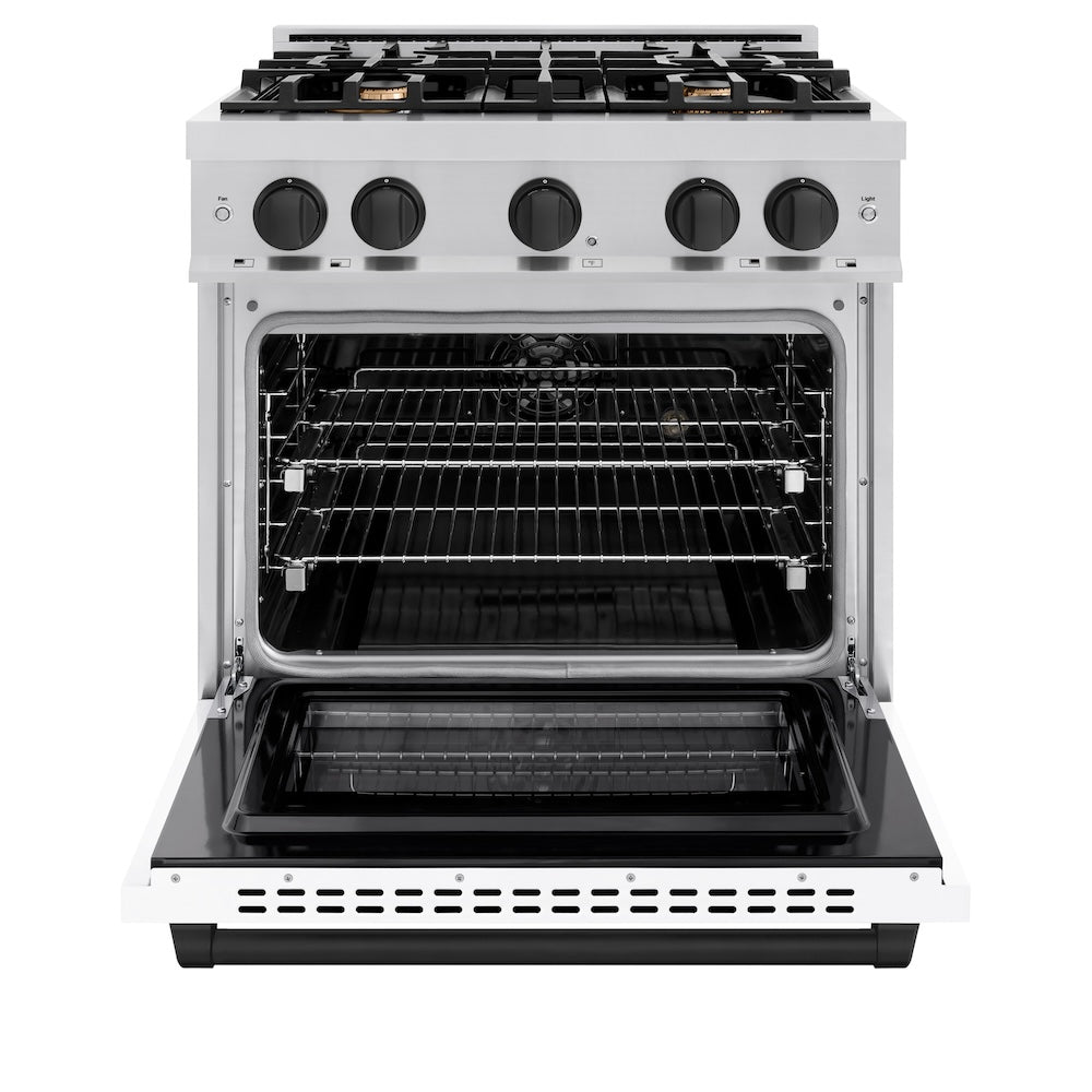 ZLINE 30 in. Select Dual Fuel Range 4.2 cu. ft. Gas Cooktop with 4 Brass Burners, Electric Convection Oven, Satin Stainless Steel with White Matte Door & Matte Black Accents, HDRSZ-WM-30-MB