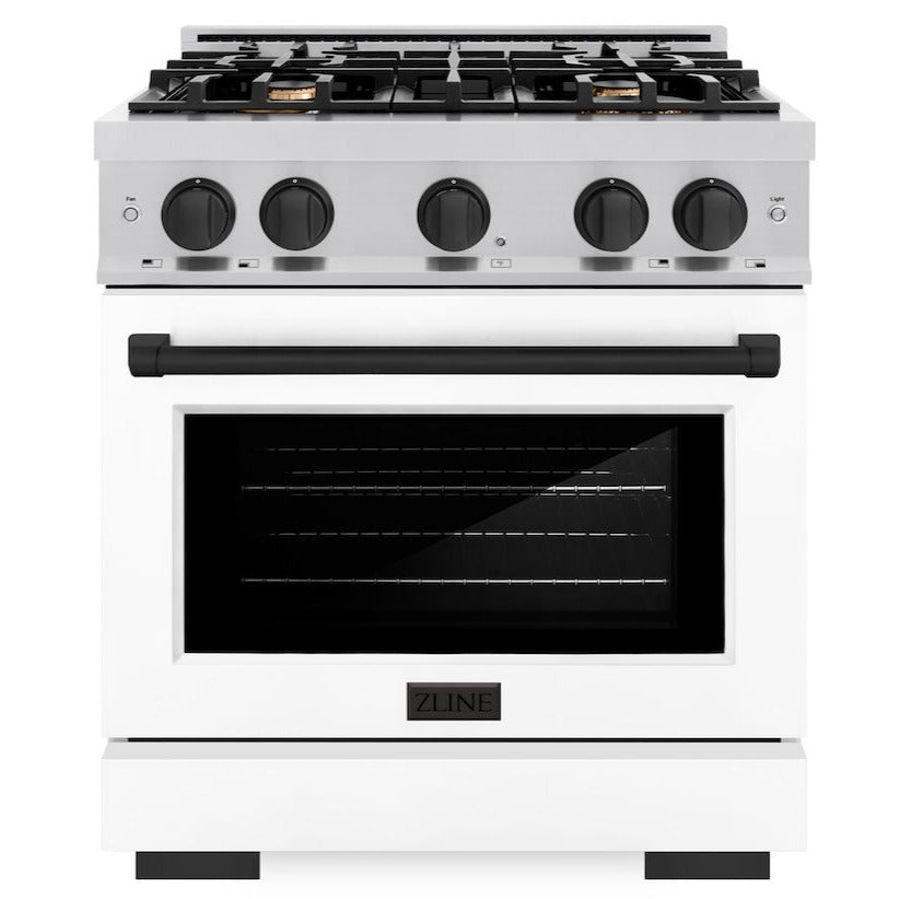 ZLINE Autograph Edition 30 in. Select Dual Fuel Range, 4 Burners, 4.2 cu. ft. Electric Convection Oven, Stainless Steel with White Matte Door & Matte Black Accents (HDRZ-WM-30-MB)
