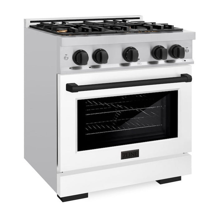 ZLINE Autograph Edition 30 in. Select Dual Fuel Range, 4 Burners, 4.2 cu. ft. Electric Convection Oven, Stainless Steel with White Matte Door & Matte Black Accents (HDRZ-WM-30-MB)
