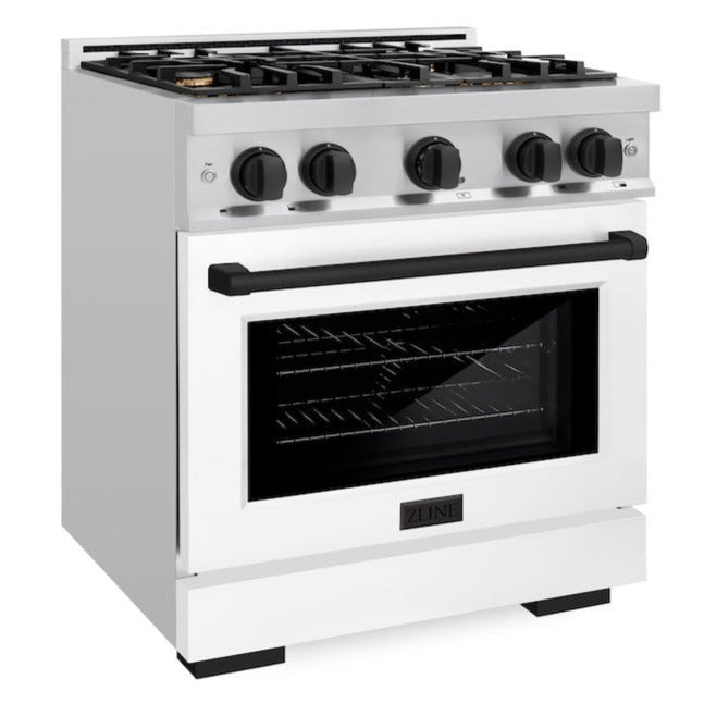 ZLINE 30 in. Select Dual Fuel Range 4.2 cu. ft. Gas Cooktop with 4 Brass Burners, Electric Convection Oven, Satin Stainless Steel with White Matte Door & Matte Black Accents, HDRSZ-WM-30-MB