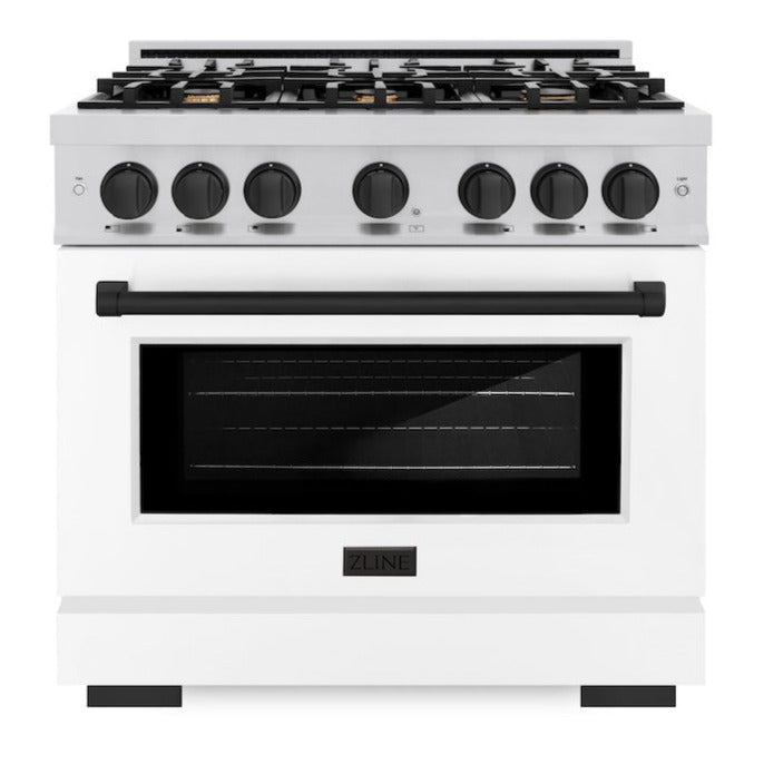 ZLINE 36 in. Dual Fuel Range 5.2 cu. ft. 6 Burners Gas Cooktop Electric Convection Oven Stainless Steel White Matte Door Matte Black Accents (HDRZ-WM-36-MB)
