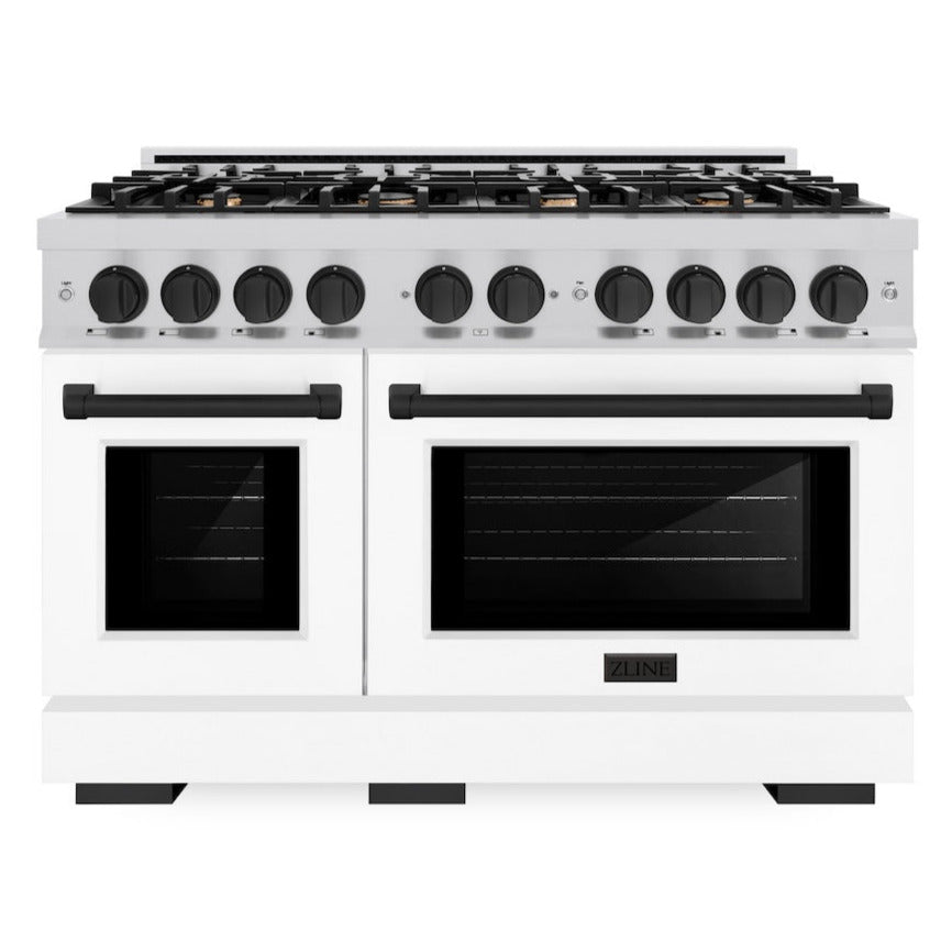 ZLINE Autograph Edition 48 in. Select Double Oven Dual Fuel Range with 8 Gas Burners, 6.7 cu. ft., Stainless Steel with White Matte Doors and Matte Black Accents (HDRZ-WM-48-MB)