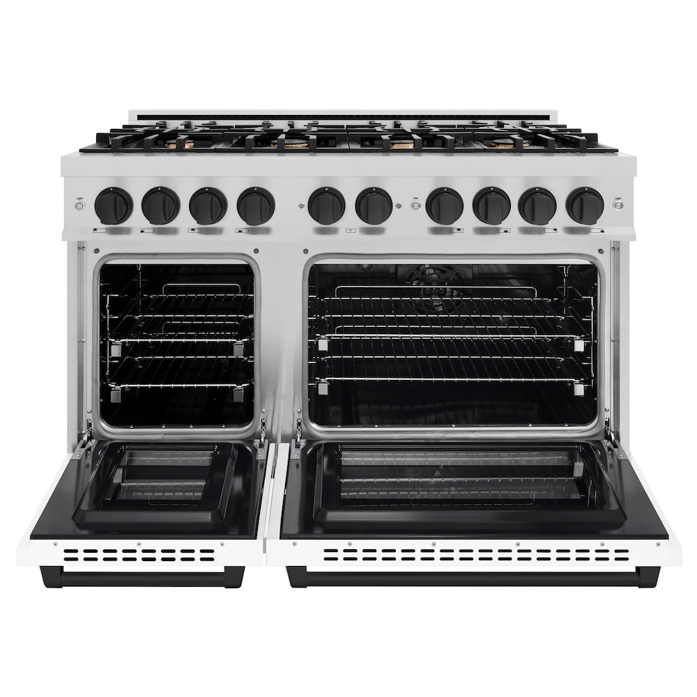 ZLINE Autograph Edition 48 in. Select Double Oven Dual Fuel Range with 8 Gas Burners, 6.7 cu. ft., Stainless Steel with White Matte Doors and Matte Black Accents (HDRZ-WM-48-MB)