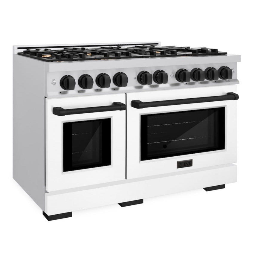 ZLINE Autograph Edition 48 in. Select Double Oven Dual Fuel Range with 8 Gas Burners, 6.7 cu. ft., Stainless Steel with White Matte Doors and Matte Black Accents (HDRZ-WM-48-MB)