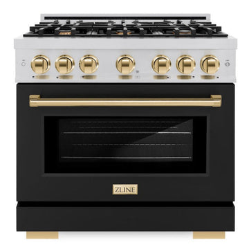 ZLINE 36 in. Dual Fuel Range 5.2 cu. ft. Select Series with 6 Gas Burners, Electric Convection Oven, Black Matte Door, Polished Gold Accents – Stainless Steel (HDRZ-BLM-36-G)