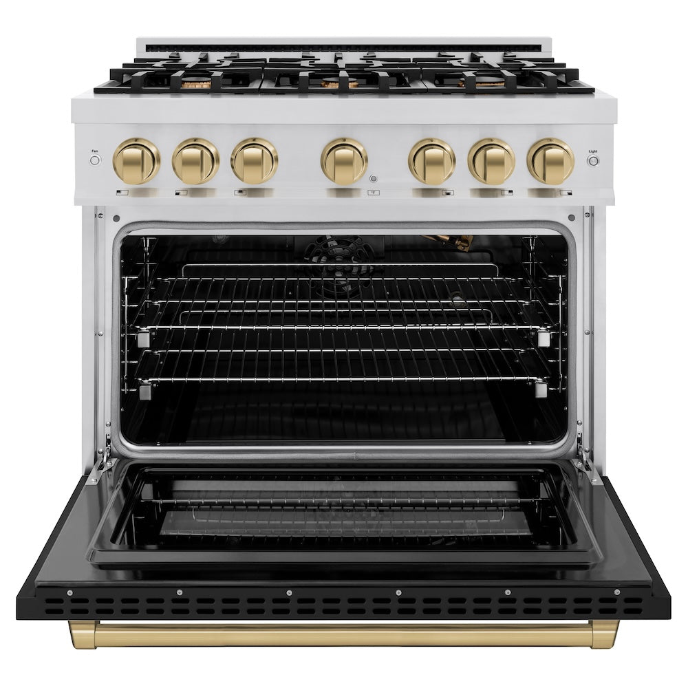 ZLINE 36 in. Gas Range 5.2 cu. ft. 6 Burners Stainless Steel Black Matte Door Champagne Bronze Accents (HGRZ-BLM-36-CB)