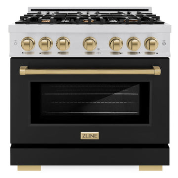 ZLINE 36 in. Gas Range 5.2 cu. ft. 6 Burners Stainless Steel Black Matte Door Champagne Bronze Accents (HGRZ-BLM-36-CB)