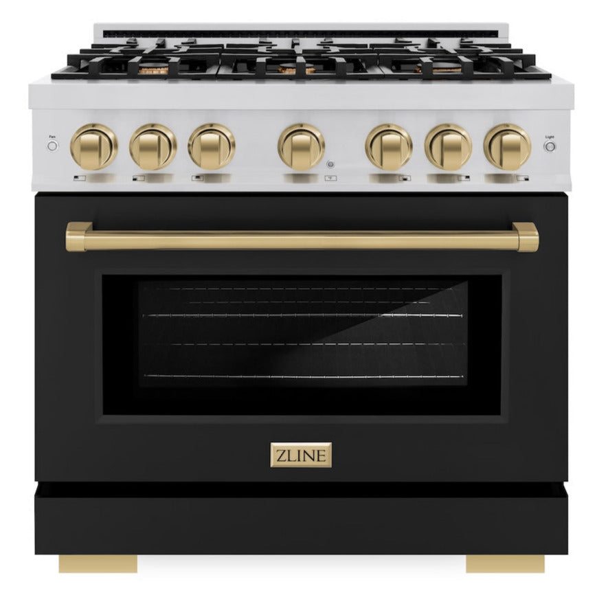 ZLINE 36 in. Gas Range 5.2 cu. ft. 6 Burners Stainless Steel Black Matte Door Champagne Bronze Accents (HGRZ-BLM-36-CB)