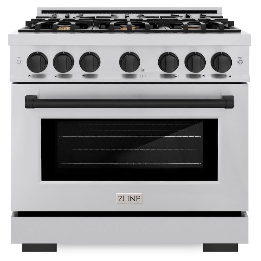ZLINE 36 in. Gas Range – 5.2 cu. ft. Select Series – 6 Burner Cooktop – Stainless Steel with Matte Black Accents (HGRZ-36-MB)