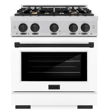 ZLINE Autograph Edition 30 in. 4.2 cu. ft. Select Gas Range with 4 Burners, Stainless Steel with White Matte Door and Matte Black Accents (HGRZ-WM-30-MB)
