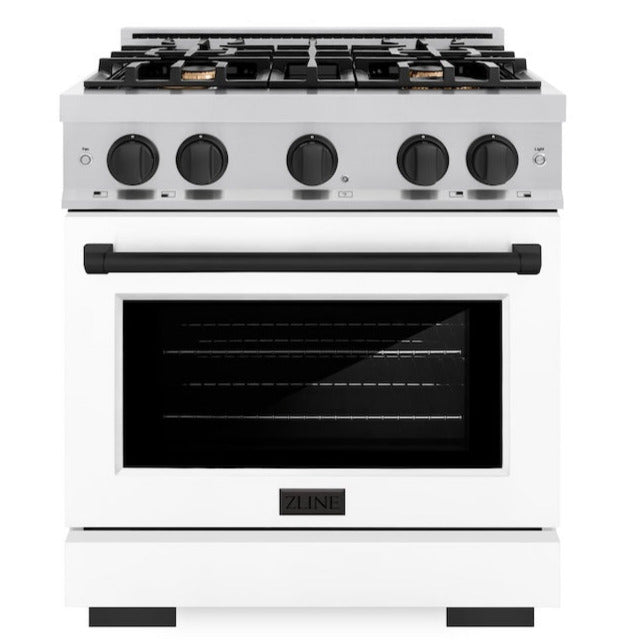 ZLINE Autograph Edition 30 in. 4.2 cu. ft. Select Gas Range with 4 Burners, Stainless Steel with White Matte Door and Matte Black Accents (HGRZ-WM-30-MB)