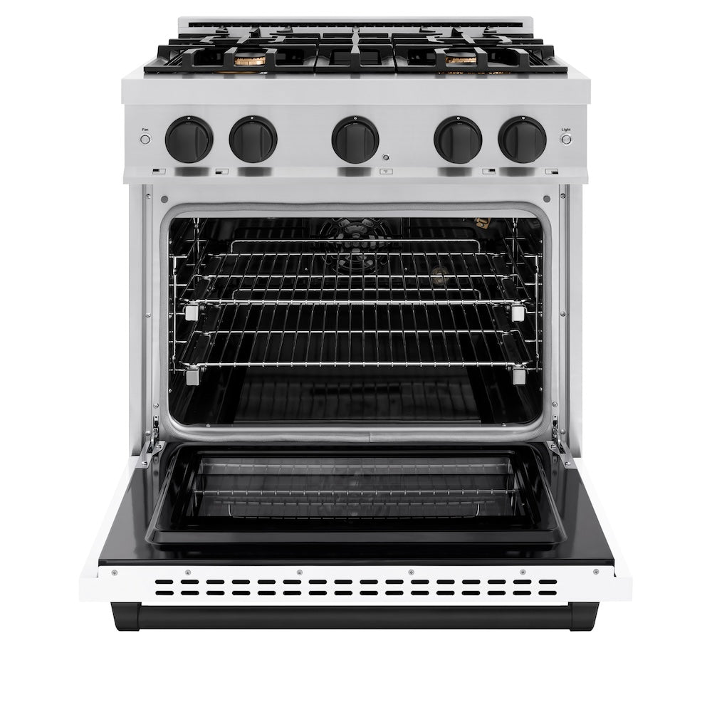 ZLINE Autograph Edition 30 in. 4.2 cu. ft. Select Gas Range with 4 Burners, Stainless Steel with White Matte Door and Matte Black Accents (HGRZ-WM-30-MB)