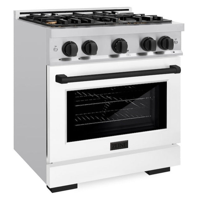 ZLINE Autograph Edition 30 in. 4.2 cu. ft. Select Gas Range with 4 Burners, Stainless Steel with White Matte Door and Matte Black Accents (HGRZ-WM-30-MB)
