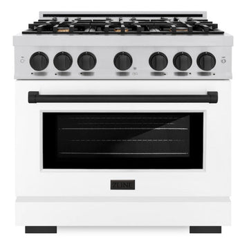 ZLINE Autograph Edition 36 in. Select Gas Range, 5.2 cu. ft. Oven, 6 Burner Cooktop, Stainless Steel with White Matte Door & Matte Black Accents (HGRZ-WM-36-MB)