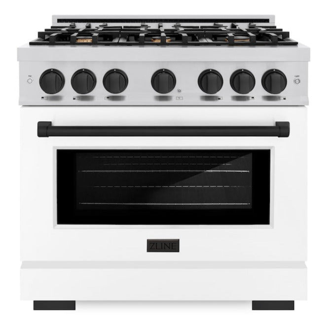 ZLINE Autograph Edition 36 in. Select Gas Range, 5.2 cu. ft. Oven, 6 Burner Cooktop, Stainless Steel with White Matte Door & Matte Black Accents (HGRZ-WM-36-MB)