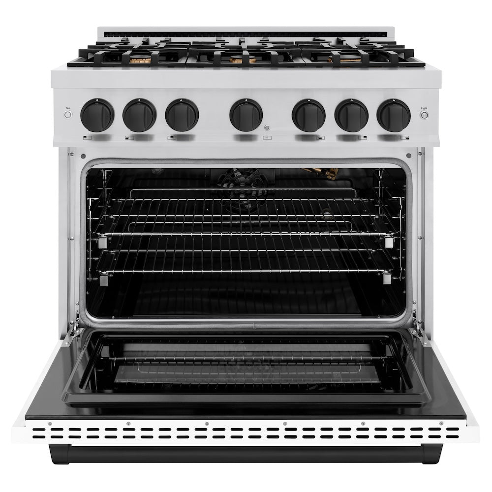 ZLINE Autograph Edition 36 in. Select Gas Range, 5.2 cu. ft. Oven, 6 Burner Cooktop, Stainless Steel with White Matte Door & Matte Black Accents (HGRZ-WM-36-MB)