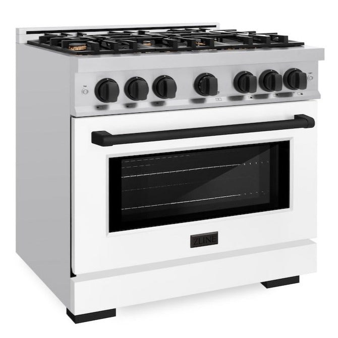 ZLINE Autograph Edition 36 in. Select Gas Range, 5.2 cu. ft. Oven, 6 Burner Cooktop, Stainless Steel with White Matte Door & Matte Black Accents (HGRZ-WM-36-MB)