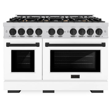 ZLINE Autograph Edition 48 in. Double Oven Gas Range with 8 Burners, 6.7 cu. ft., Stainless Steel with White Matte Doors and Matte Black Accents (HGRZ-WM-48-MB)
