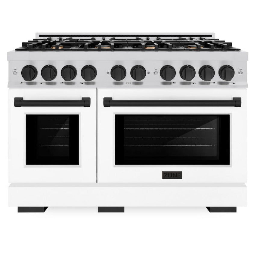 ZLINE Autograph Edition 48 in. Double Oven Gas Range with 8 Burners, 6.7 cu. ft., Stainless Steel with White Matte Doors and Matte Black Accents (HGRZ-WM-48-MB)