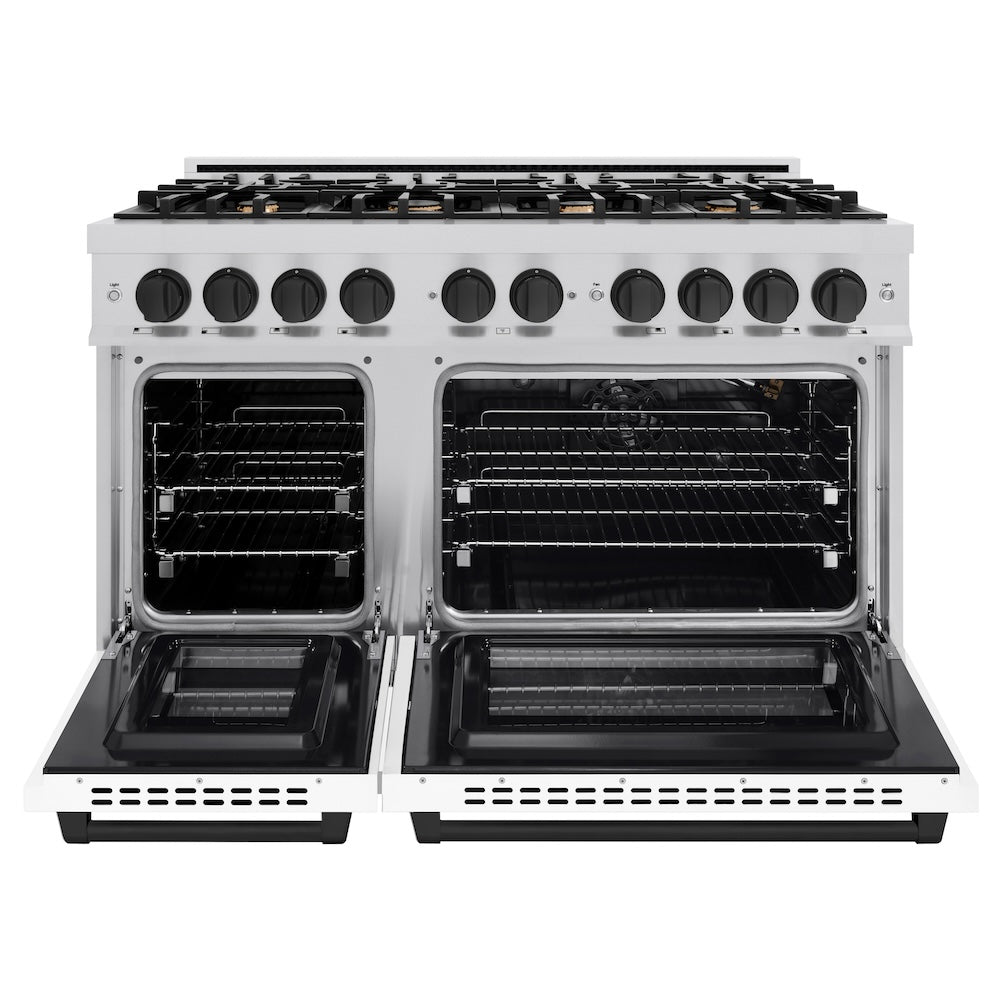 ZLINE Autograph Edition 48 in. Double Oven Gas Range with 8 Burners, 6.7 cu. ft., Stainless Steel with White Matte Doors and Matte Black Accents (HGRZ-WM-48-MB)