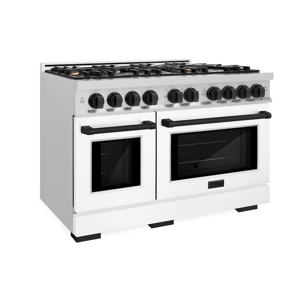 ZLINE Autograph Edition 48 in. Double Oven Gas Range with 8 Burners, 6.7 cu. ft., Stainless Steel with White Matte Doors and Matte Black Accents (HGRZ-WM-48-MB)