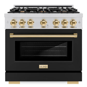 ZLINE 36 in. Gas Range 5.2 cu. ft. 6 Burners Stainless Steel Black Matte Door Polished Gold Accents (HGRZ-BLM-36-G)