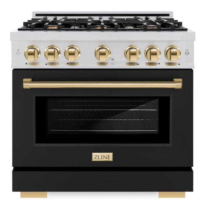 ZLINE 36 in. Gas Range 5.2 cu. ft. 6 Burners Stainless Steel Black Matte Door Polished Gold Accents (HGRZ-BLM-36-G)