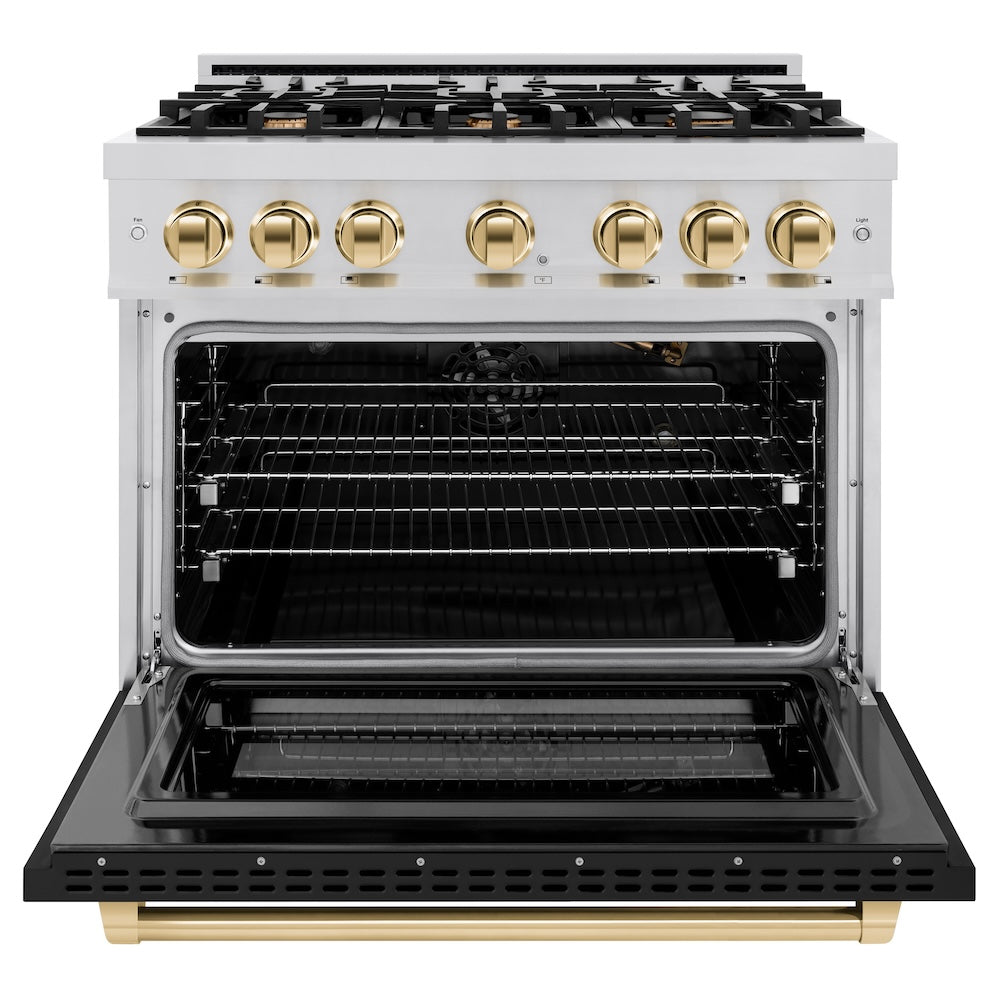 ZLINE 36 in. Gas Range 5.2 cu. ft. 6 Burners Stainless Steel Black Matte Door Polished Gold Accents (HGRZ-BLM-36-G)