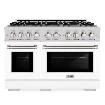 ZLINE 48 in. 6.7 cu. ft. Select Double Oven Gas Range with 8 Gas Burners, Stainless Steel with White Matte Doors (HGR-WM-48)