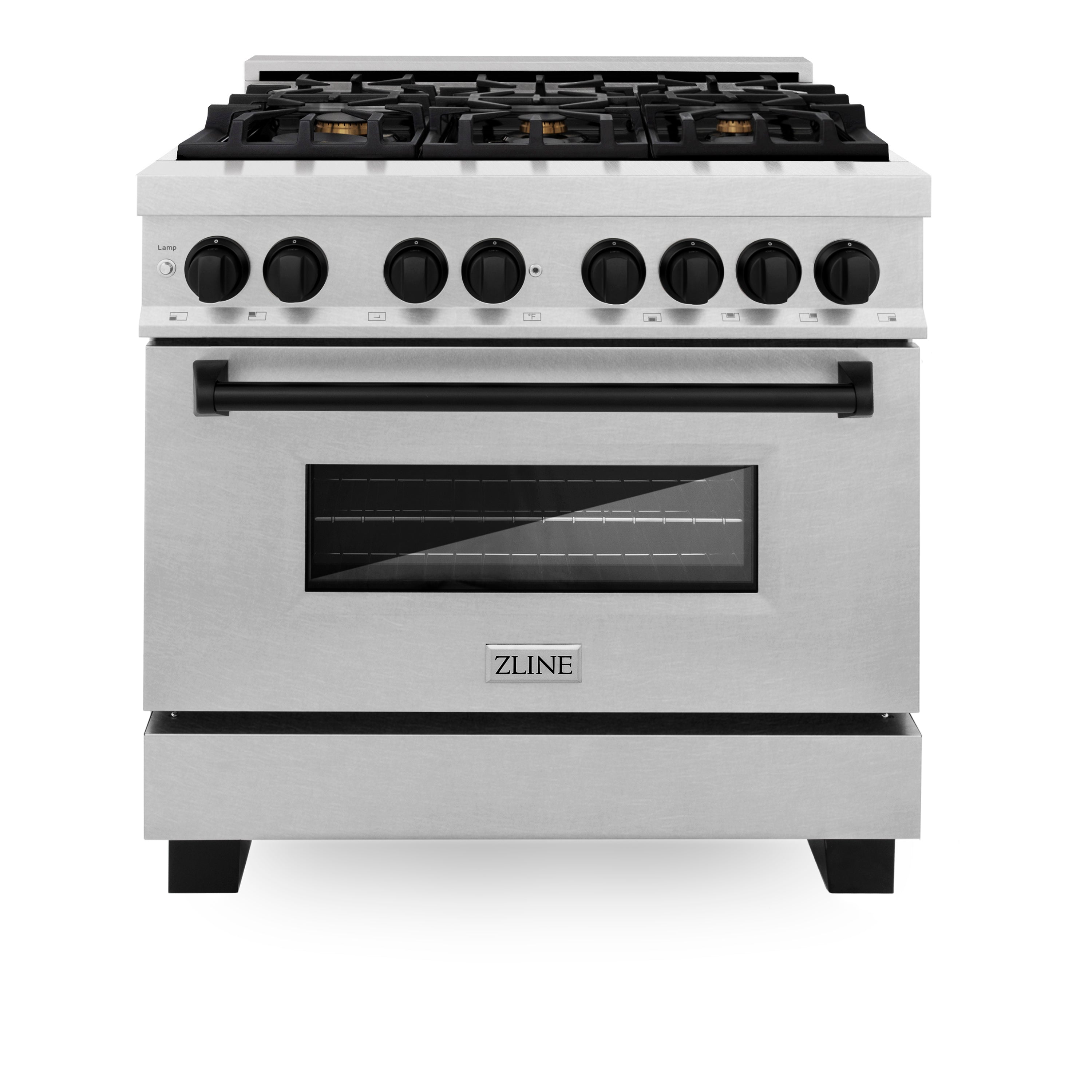 ZLINE Autograph 36 in. 4.6 cu. ft. Legacy Dual Fuel Range with 6 Gas Burners and Electric Convection Oven in Satin Stainless Steel with Matte Black Accents (RASZ-SN-36-MB)